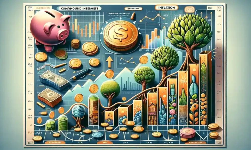 DALL·E 2024-05-16 02.18.51 - An educational illustration emphasizing the importance of financial planning, highlighting the impacts of inflation and the power of compound interest (1)