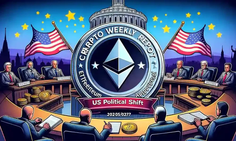DALL·E 2024-05-27 23.11.37 - A news headline graphic for 'Crypto Weekly Report 2024_05_27_ Ethereum ETF Approval and US Political Shift.' The image should include a representation (1)